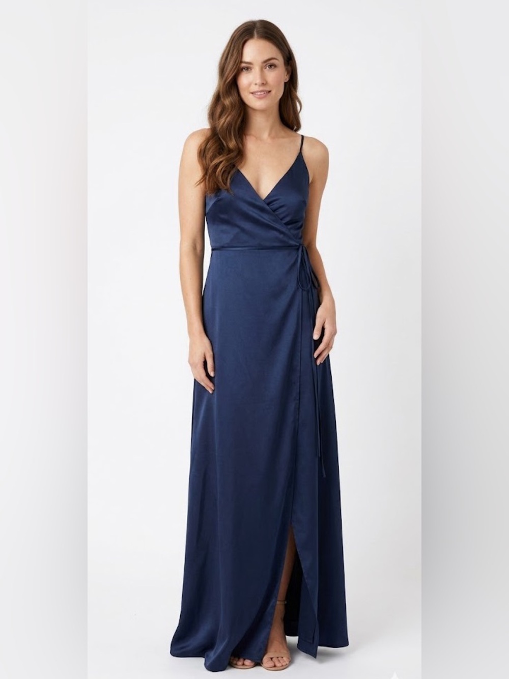 Amsale NWT Gracia Fluid Satin Wrap Dress Navy Blue Strappy Maxi Gown Size 22